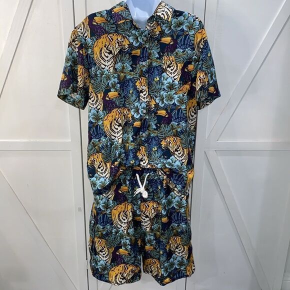 Tunevuse Men's Tropical Tigers And Toucans Button Down Shirt And Shorts Size S - Picture 10 of 15